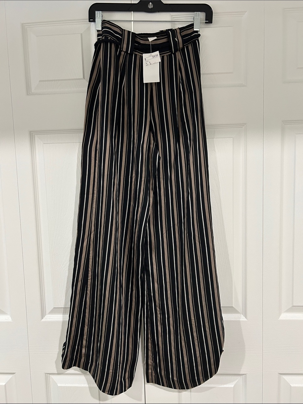H&M Black and Beige Striped Wide-Leg Pants